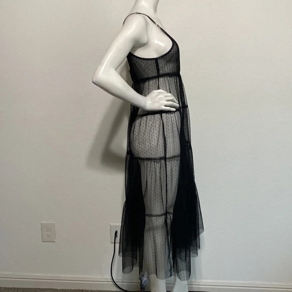 Black Polka Dot Sheer Sleeveless V-Neck Pullover Tiered Midi Dress Size M/L - Picture 6 of 8